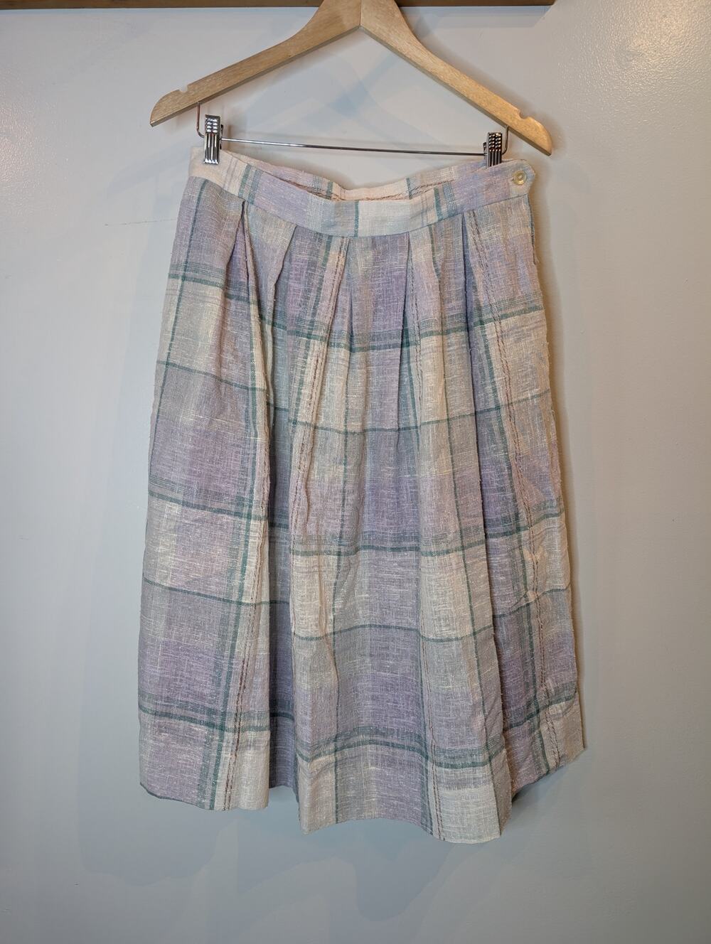 Vintage JCPenney Linen Plaid Pleated Midi Skirt Lavender Green Cream Women Sz 18